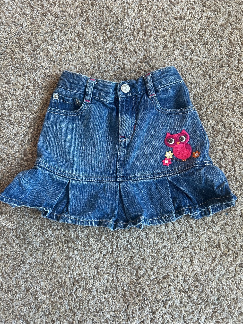 Vintage Gymboree Denim Ruffle Skirt w/ Embroidered Cute Owl 100% Cotton